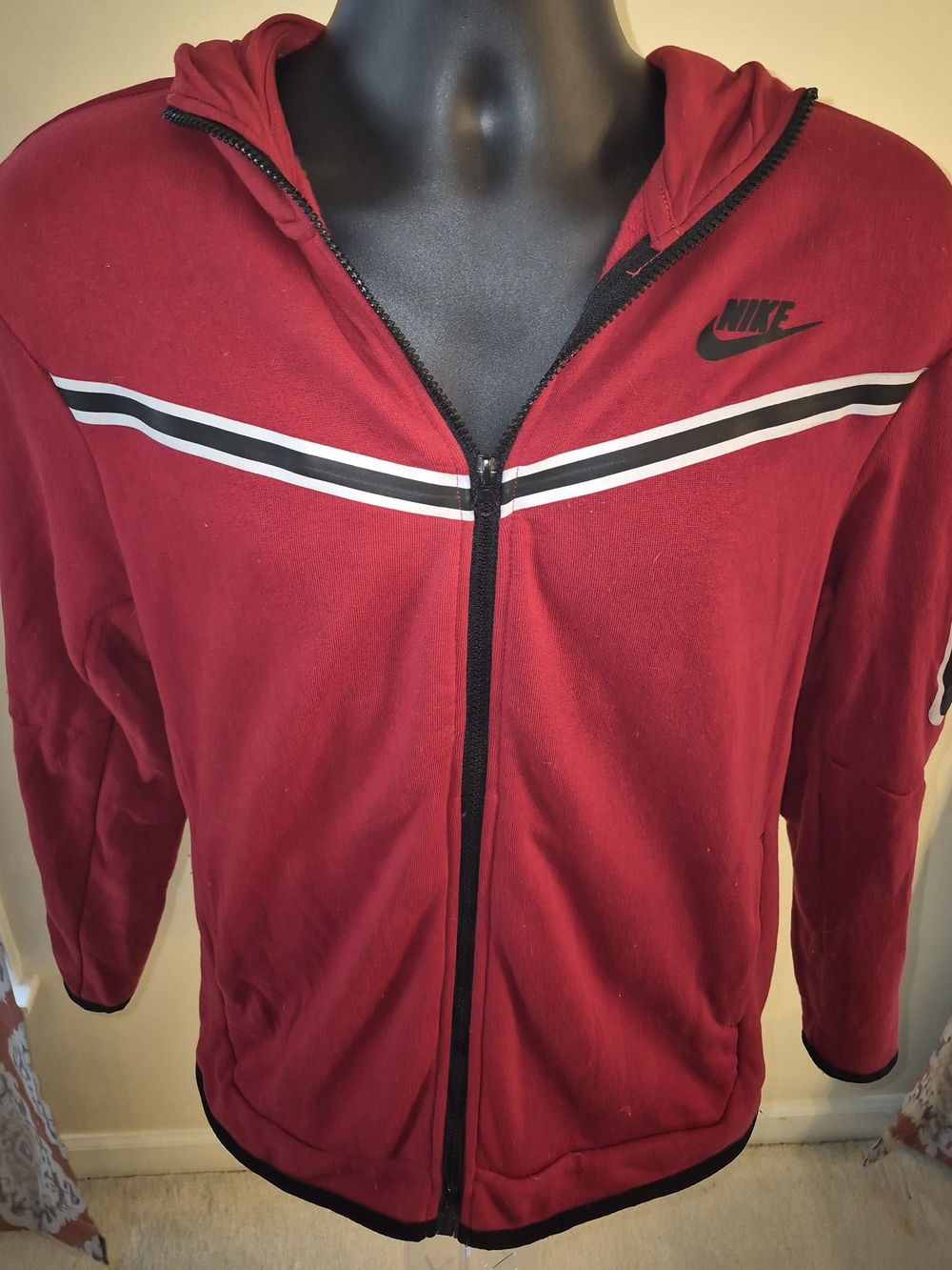 Nike Red Hooded Windbreaker with Black & White Chest Stripes